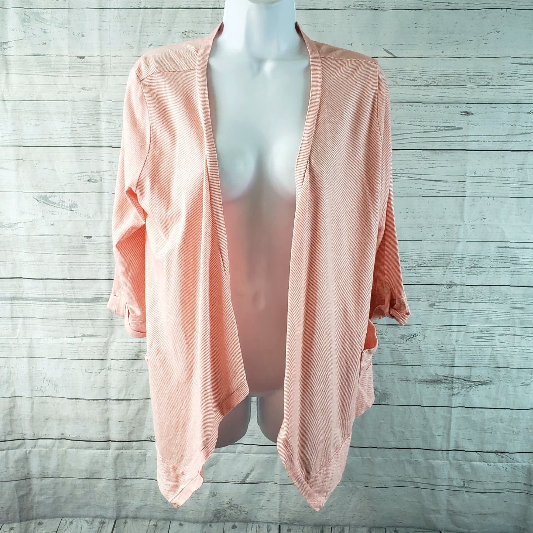 Loft LOFT Ann Taylor Womens Cardigan 3/4 Sleeve Open Front Medium Pink Coral Striped Sweater Womens Size M / US 6-8 / IT 42-44 - 2 Thumbnail