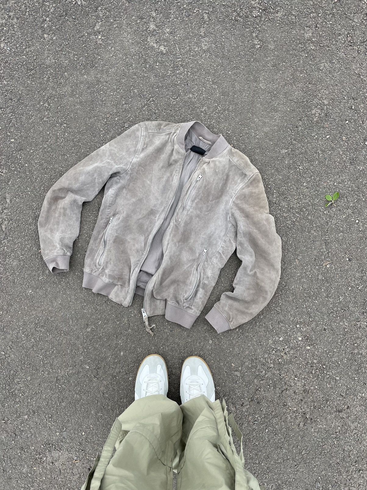 image of Allsaints Suede Leather Bomber Jacket Faded in Grey, Men's (Size Small)