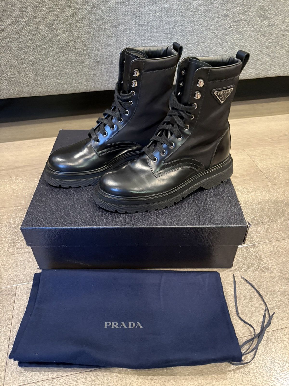 Prada Triangle logo combat boots in leather and nylon Size US 8 / EU 41 - 9 Thumbnail