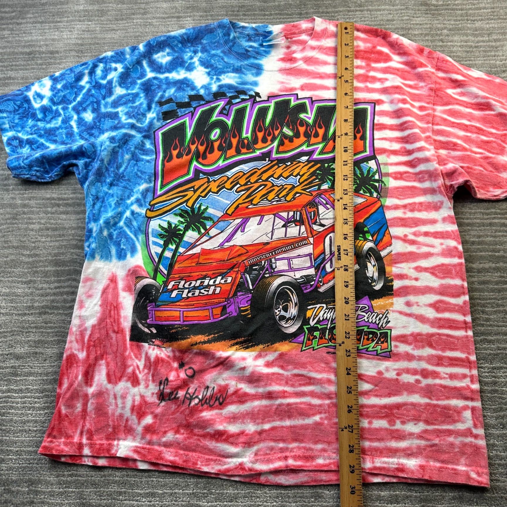 Fruit Of The Loom VINTAGE Fruit of the Loom Racing Shirt Mens XL Orange All Over Print Graphic Tie Dye T-Shirt Cars Grunge 90s Mens Size US XL / EU 56 / 4 - 8 Thumbnail