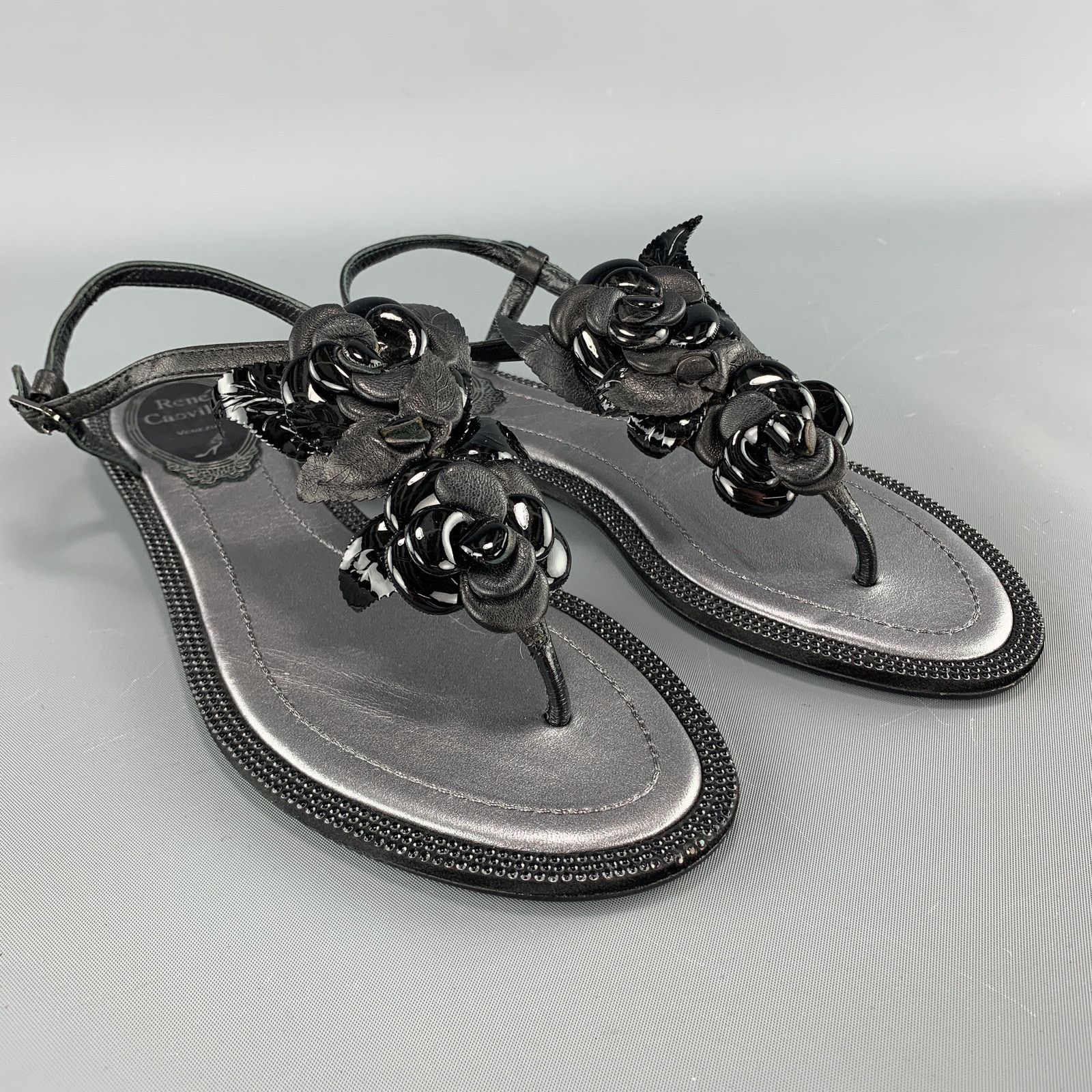 Rene Caovilla It 34 Black Leather Rose T Strap Sandals, Women's — image 3 of 6