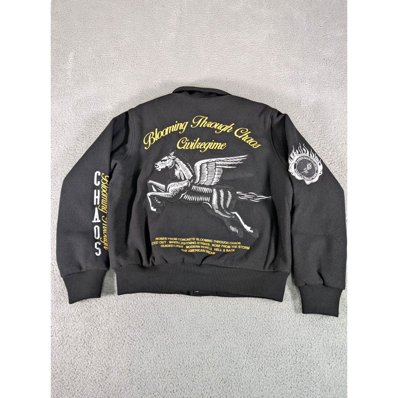 Vintage VINTAGE Civil Regime Blooming Skies Varsity Jacket Mens Small Black Embroidered Pegasus Size US S / EU 44-46 / 1 - 2 Thumbnail