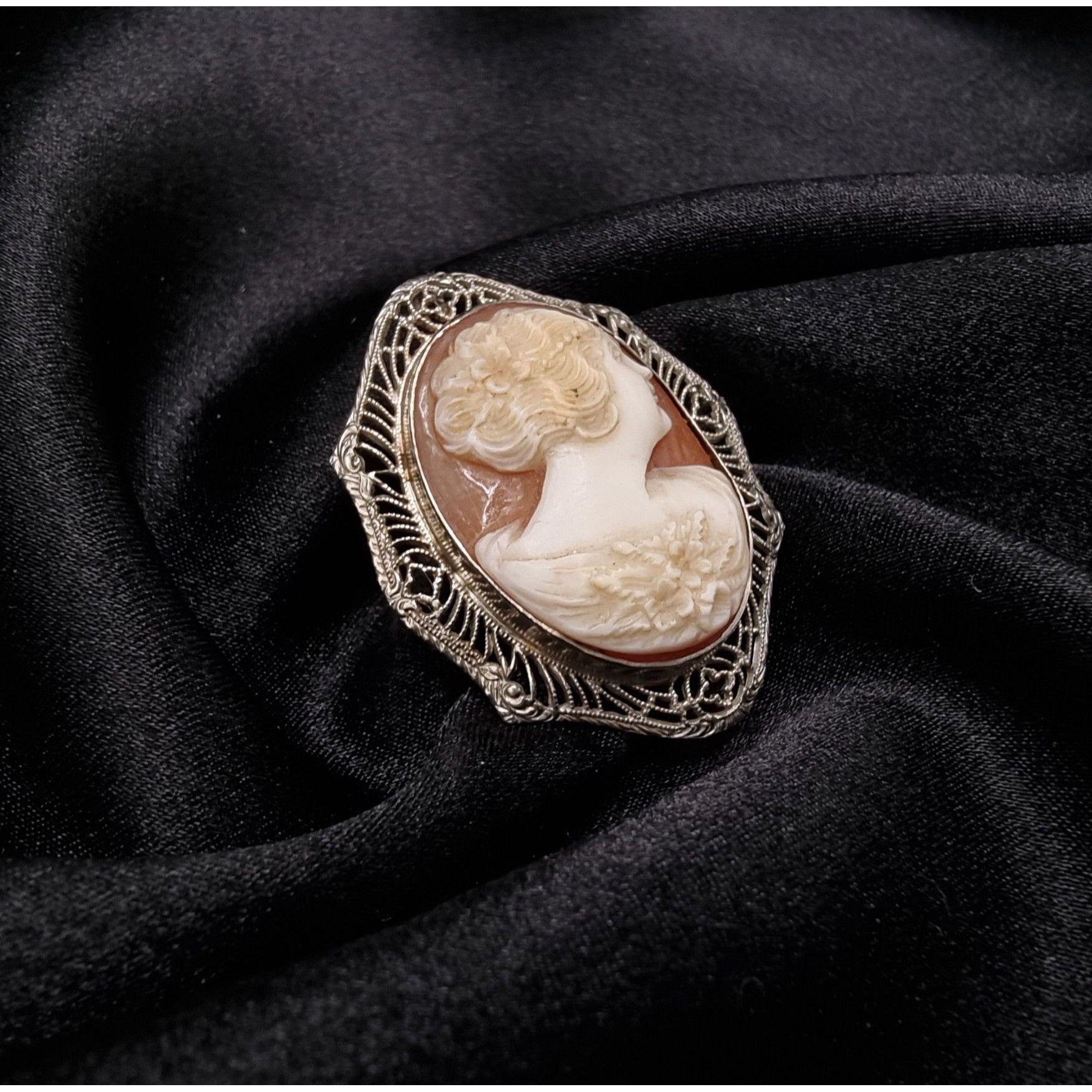 Vintage Antique 1900's-1920's 10K White Gold Real Cameo Brooch & Pen Size ONE SIZE - 2 Thumbnail