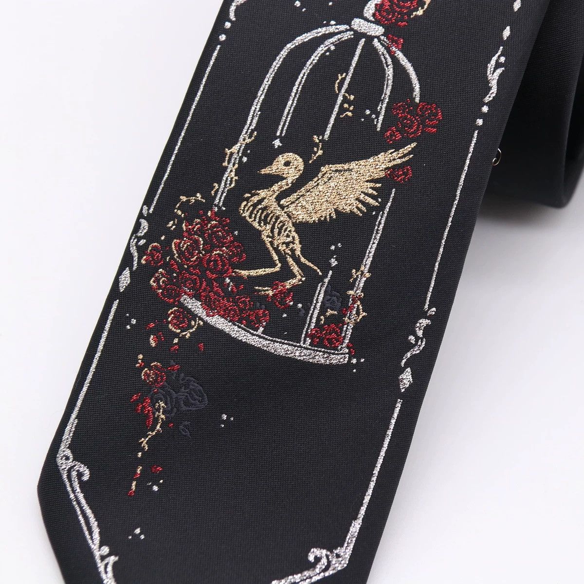 Japanese Brand × Vintage Avant garde punk anime bird skeleton in cage jacquard tie Size ONE SIZE - 2 Thumbnail