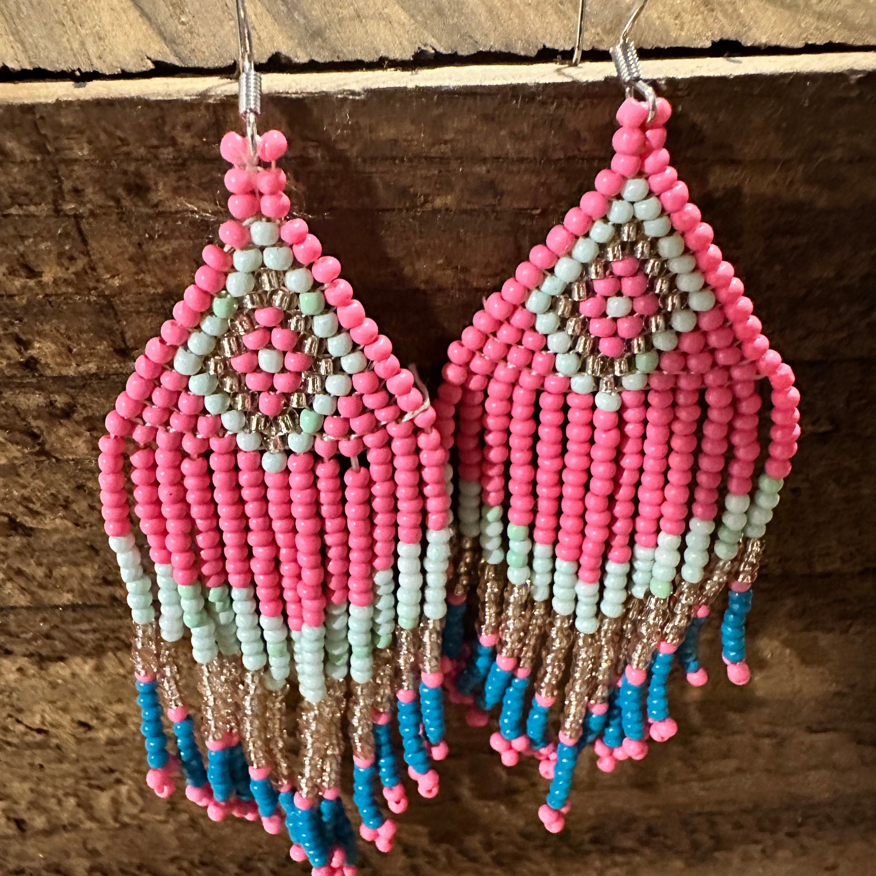 Other Navajo-Inspired Boho Seed Bead Dangle Earrings in Pink and B Size ONE SIZE - 3 Thumbnail