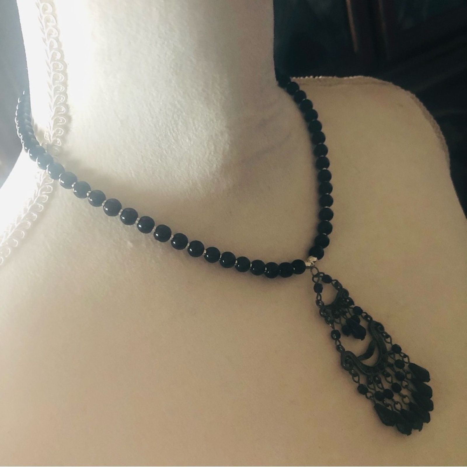 Handmade Handcrafted repurpose black chandelier Pearl necklace Size ONE SIZE - 3 Thumbnail