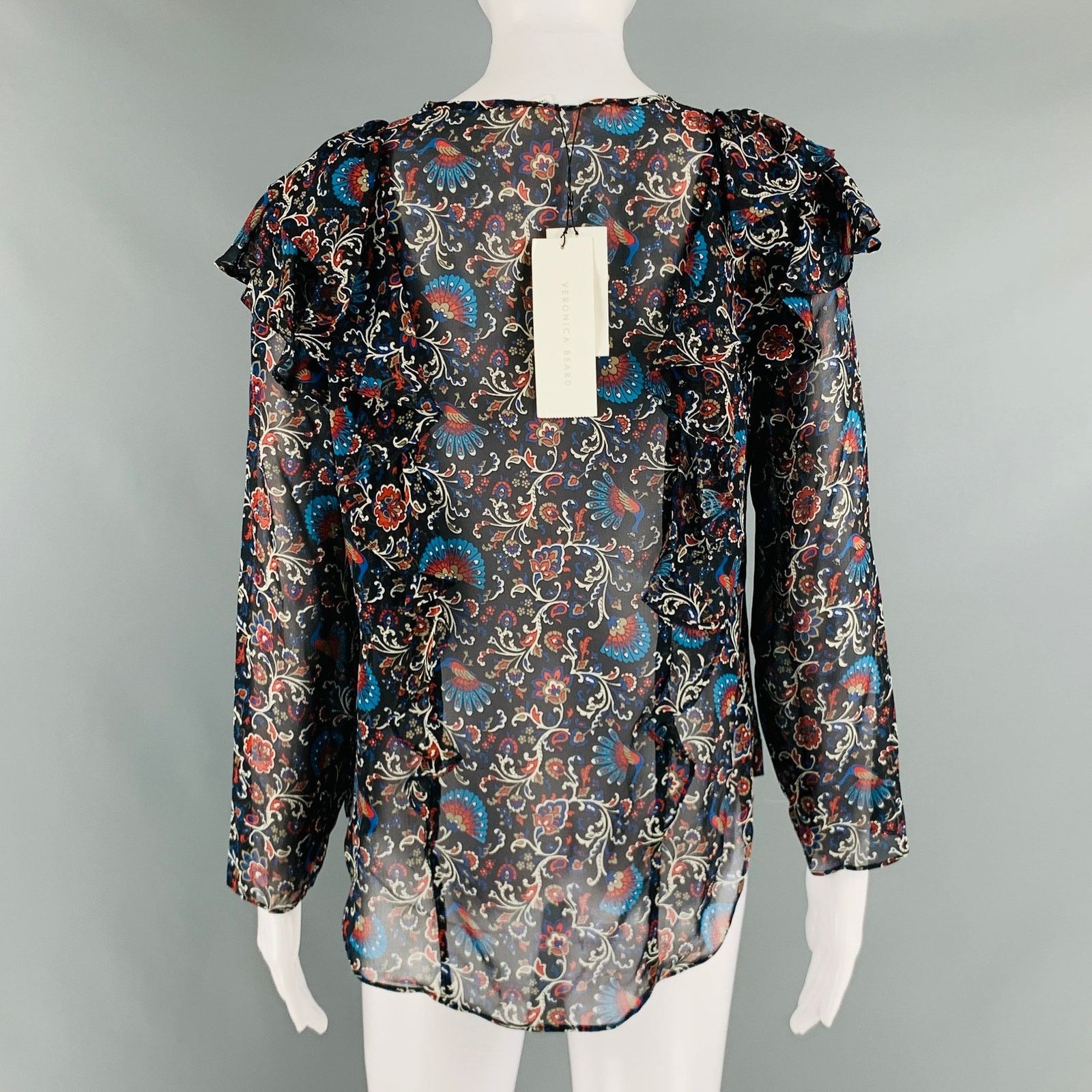 Veronica Beard VERONICA BEARD 8 Black Multi-Color Silk Print Ruffle Blouse Size M / US 6-8 / IT 42-44 - 4 Thumbnail