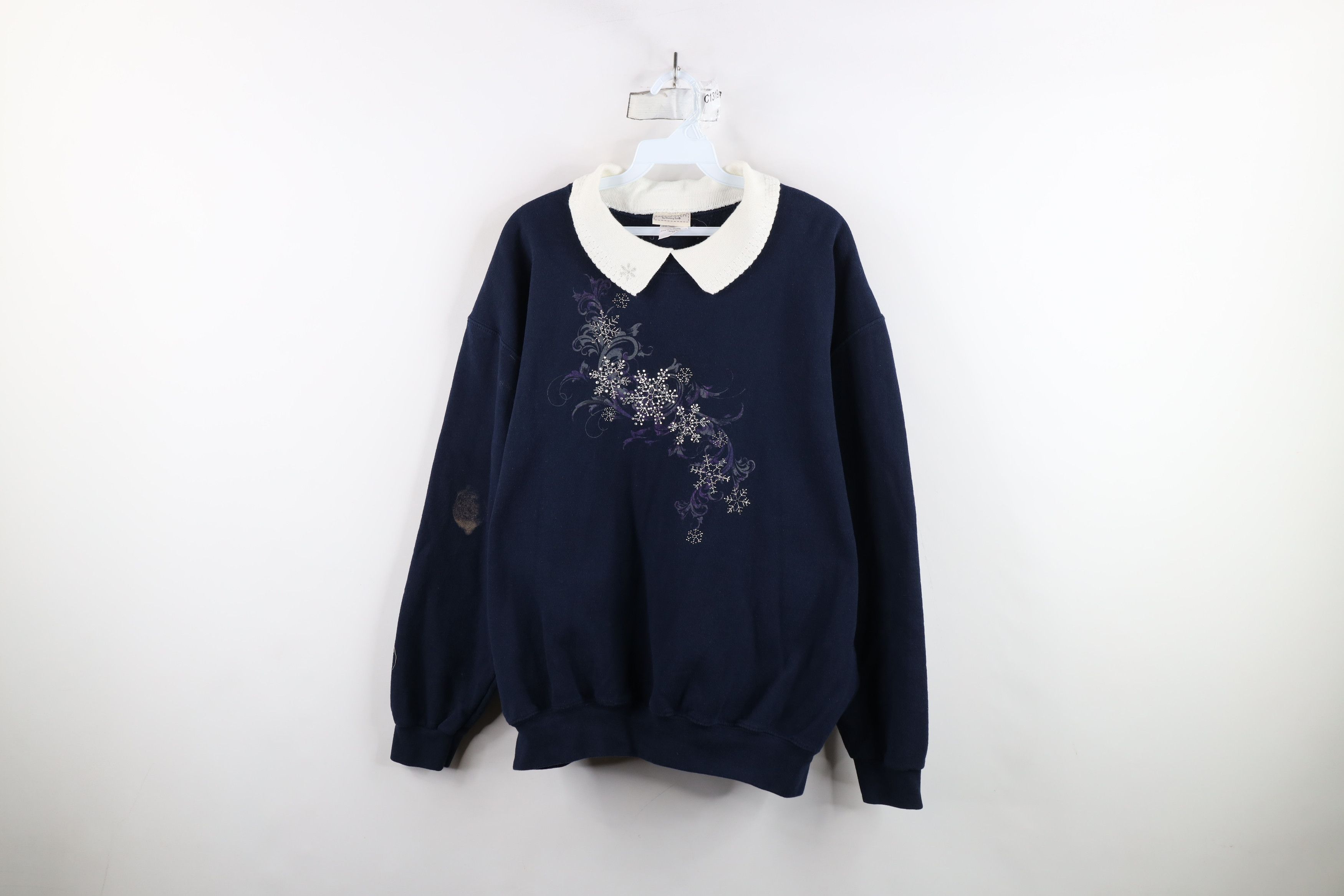Vintage Vintage 90s Sequin Snowflake Tribal Collared Sweatshirt Blue Size XXL / US 16-18 / IT 52-54 - 1 Thumbnail