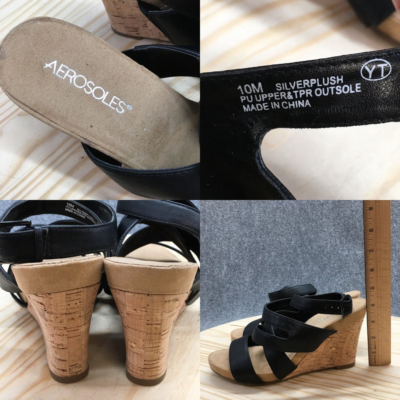 Vintage Aerosoles Sandals Womens 10 M Silver Plush Gladiator Black Casual Wedge Heels Size US 10 / IT 40 - 8 Thumbnail