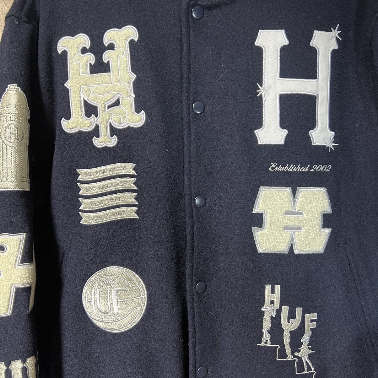 Huf HUF 20 Year Classic H Varsity Bomber Jacket Mens Medium Blue Size US M / EU 48-50 / 2 - 4 Thumbnail
