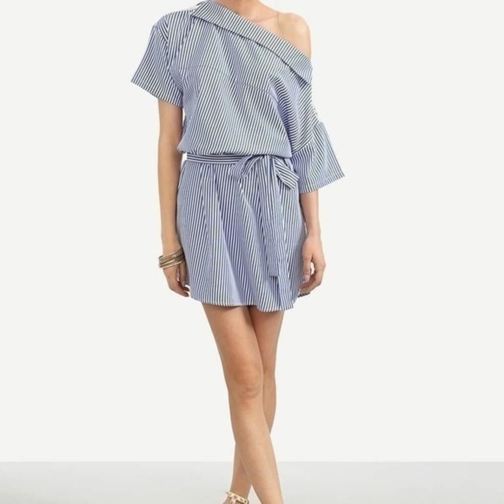 Shein Blue Striped One Shoulder Tie Waist Dress Size S / US 4 / IT 40 - 3 Thumbnail