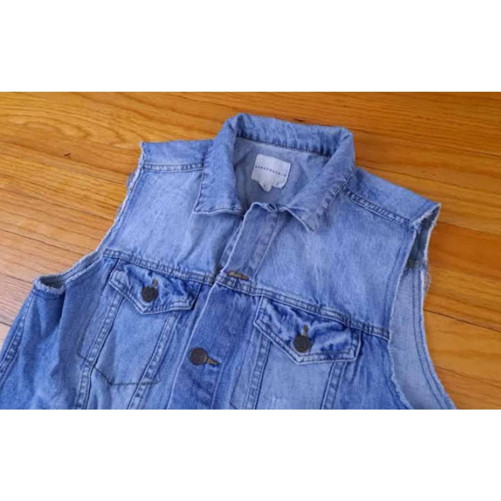 Aeropostale VINTAGE Aeropostle Vest Unisex Adults L Blue Cotton Full Button Large Cut-Off Sleeve Biker 24in long 23in pit to pit Size 42R - 2 Thumbnail