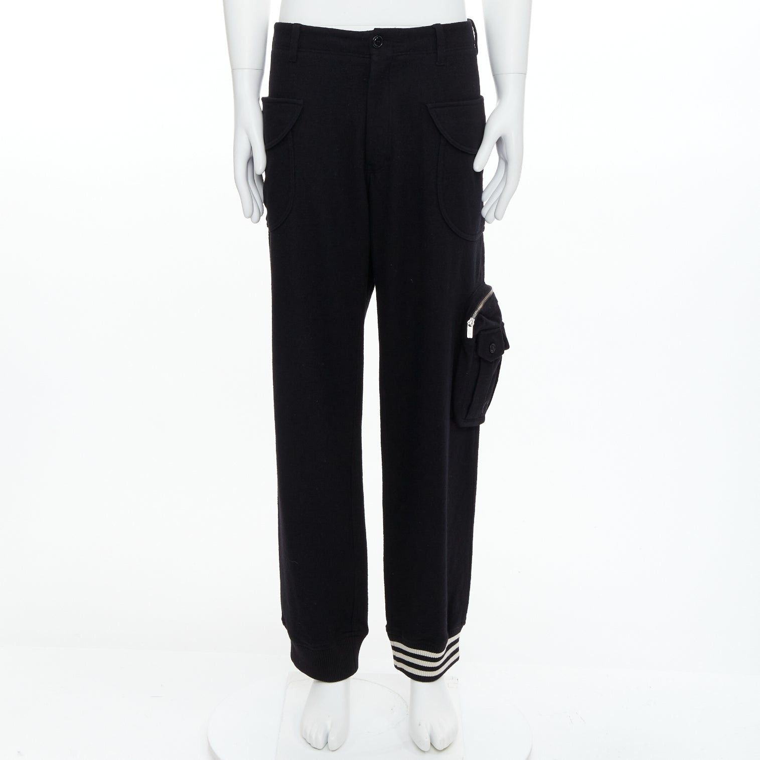 Yohji Yamamoto Y3 black wooly silver zip stripes opening asymmetric cargo joggers M Size US 30 / EU 46 - 1 Thumbnail