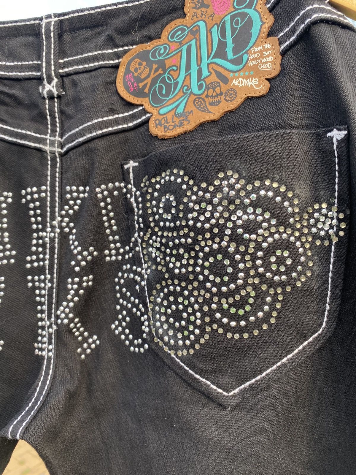 Akademiks × Vintage Y2K Akademiks Sample Jeans Rhinestones Skull Print (2007) Size 27" / US 4 / IT 40 - 15 Thumbnail