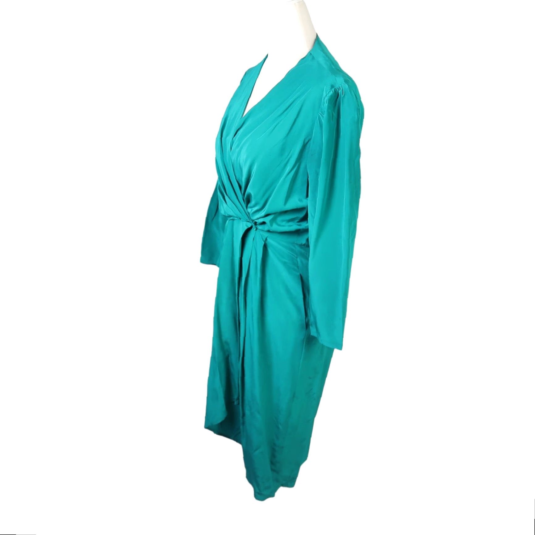 Altea VINTAGE Argenti teal green Silk long sleeve wrap dress 4P Petite 1990s Cocktail Knee Length Womens Size S / US 4 / IT 40 - 3 Thumbnail