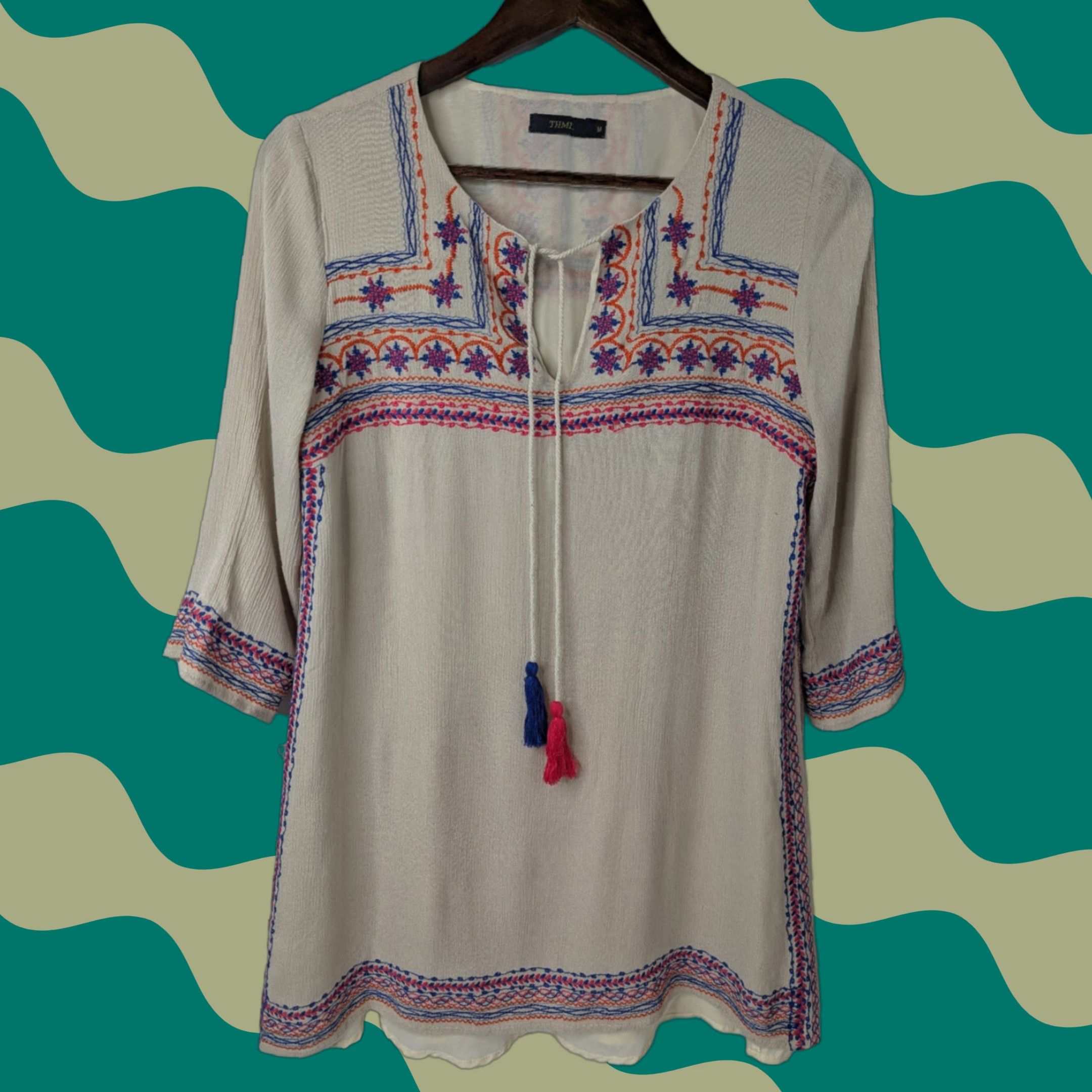 Anthropologie VINTAGE THML Anthropologie Embroidered Womens M Tunic Top Beige Shirt 3/4 Sleeve Lined Size M / US 6-8 / IT 42-44 - 1 Thumbnail