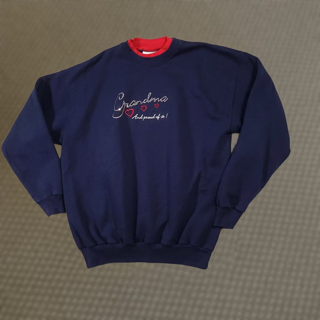 Vintage VINTAGE M&C Sportswear Grandma Sweater Embroidered Women’s Large Blue Pullover Crew Neck Knit - 90s Casual Regular Fit Sweatshirt (Womens) Size L / US 10 / IT 46 - 1 Thumbnail
