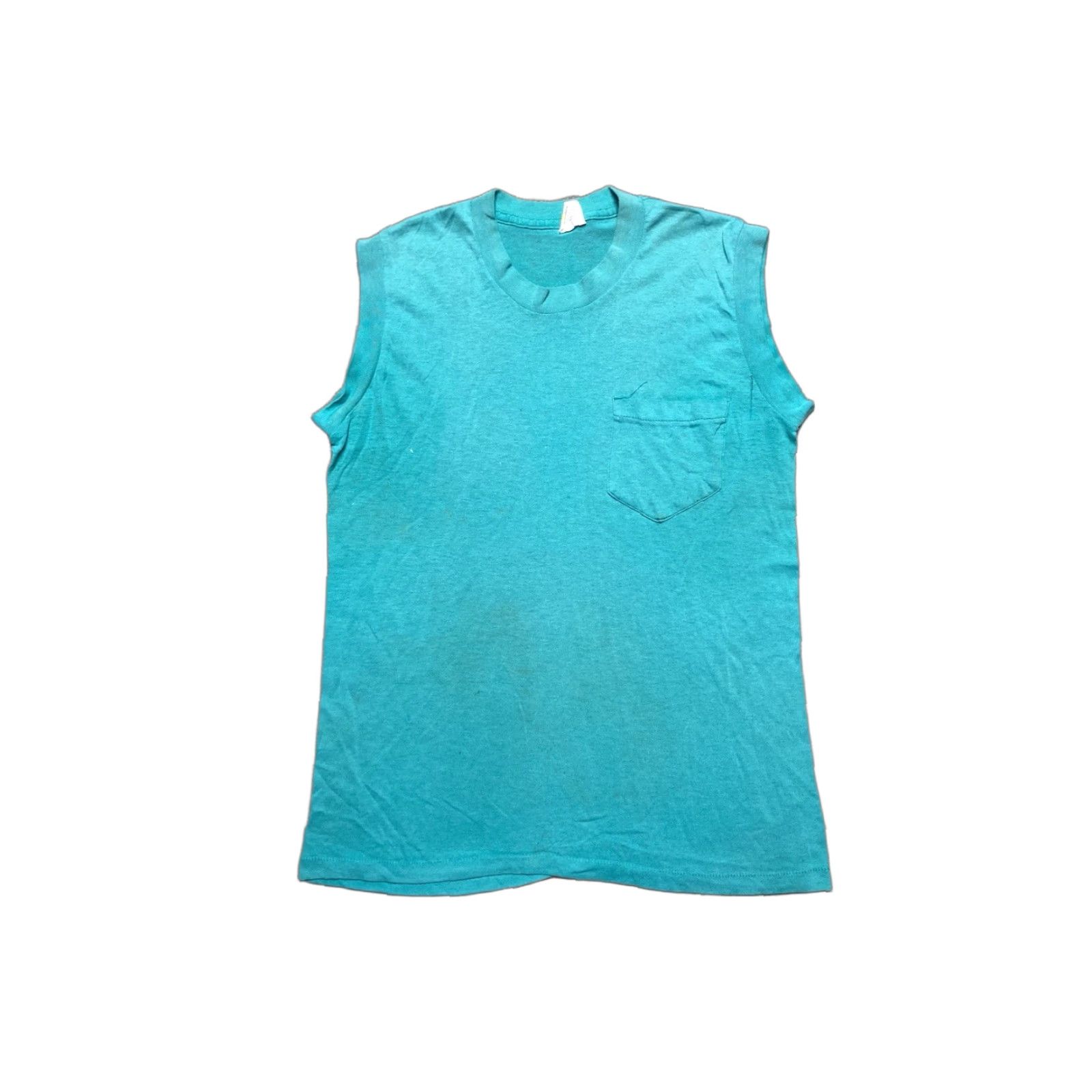 Altea VINTAGE 80s Sleeveless Pocket T Shirt Blue Teal Muscle Stained Medium M & M Men Shirts Size US M / EU 48-50 / 2 - 1 Thumbnail