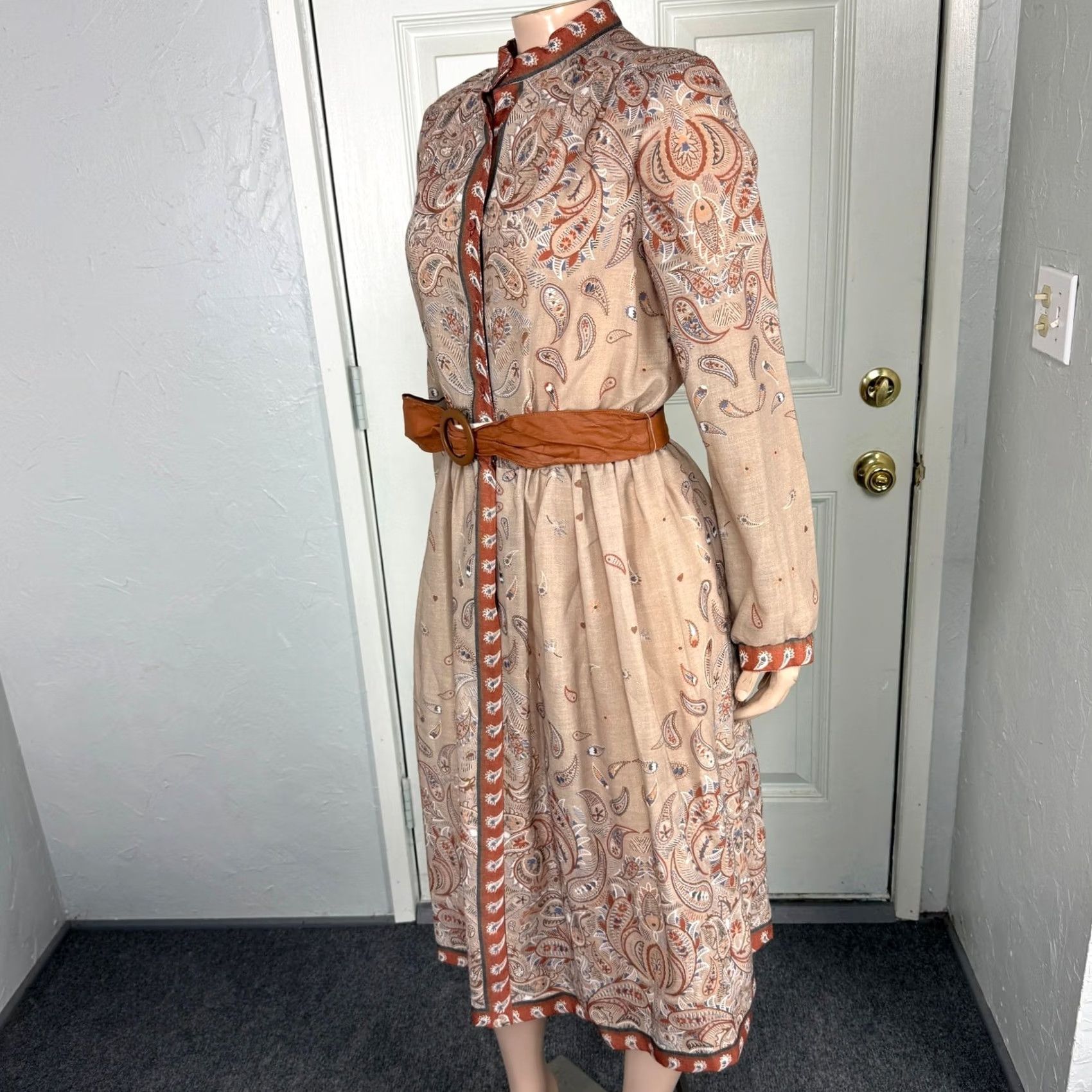 Vintage VINTAGE Willie of California Dress Womens 70s Wool Polyester Floral Knee Length Knit Belt Brown 70s Women S Long Sleeve Crew Neck Button Shirt Dress Size S / US 4 / IT 40 - 4 Thumbnail