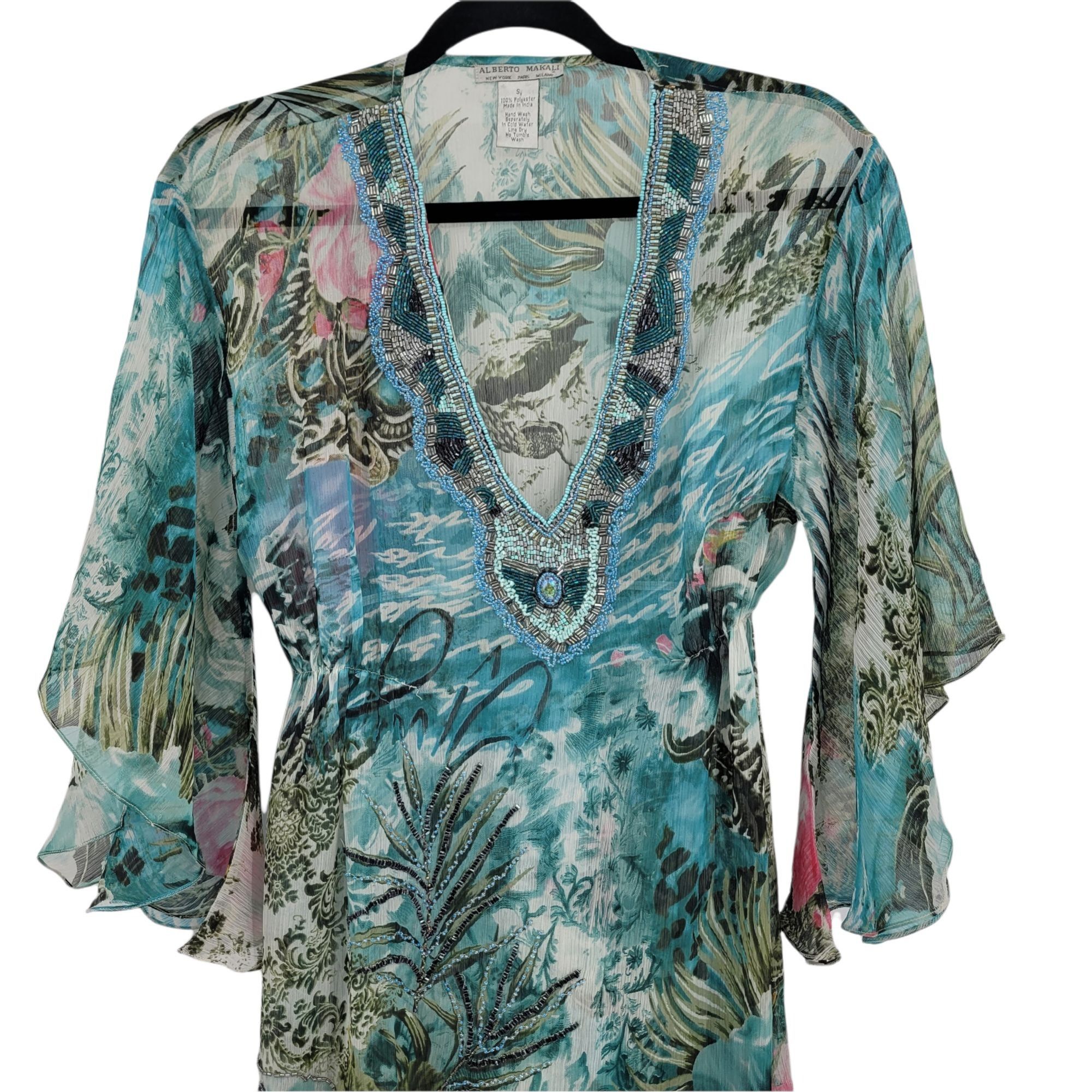 Vintage Vtg Alberto Makali Sheer Fairy Dress Sz S Blue Floral Beade Size S / US 4 / IT 40 - 10 Thumbnail