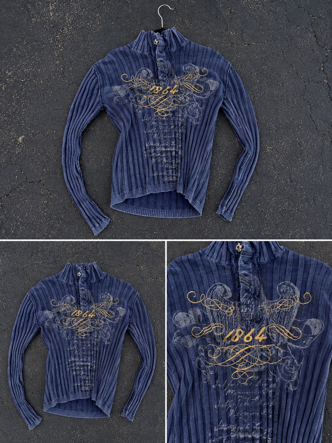 I.N.C Navy blue ribbed long sleeve top with gold embroidery Size US M / EU 48-50 / 2 - 2 Thumbnail