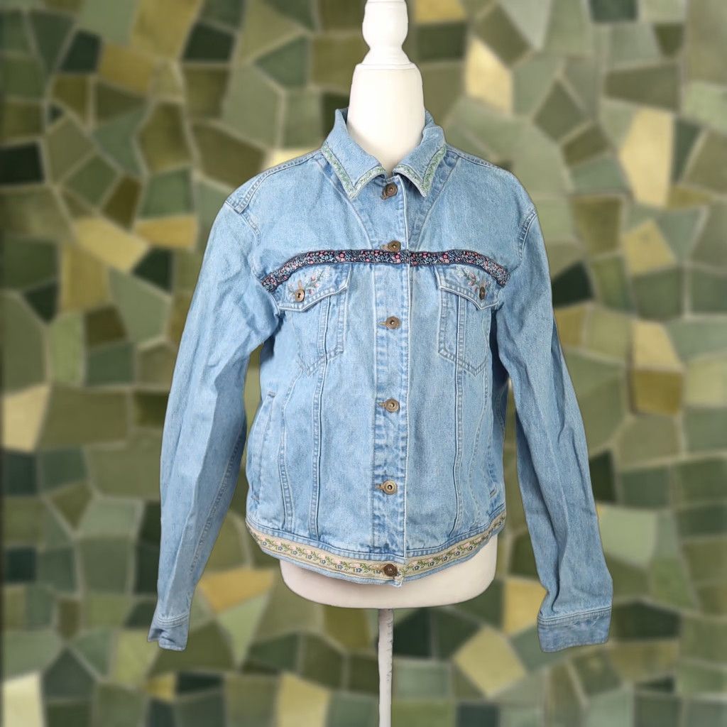 Liz Claiborne VINTAGE Liz Claiborne Denim Jacket - Floral Trim - Light Wash - 90s - Blue - L - Womens Jacket Size L / US 10 / IT 46 - 1 Thumbnail
