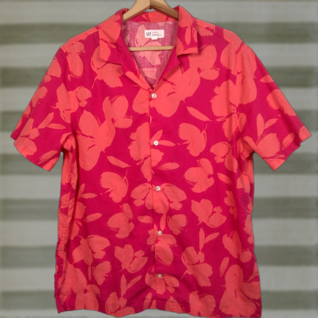 Gap Gap Linen Blend Shirt Men L Pink Salmon Floral Beach Surf Vacation Shirt Size US L / EU 52-54 / 3 - 1 Thumbnail