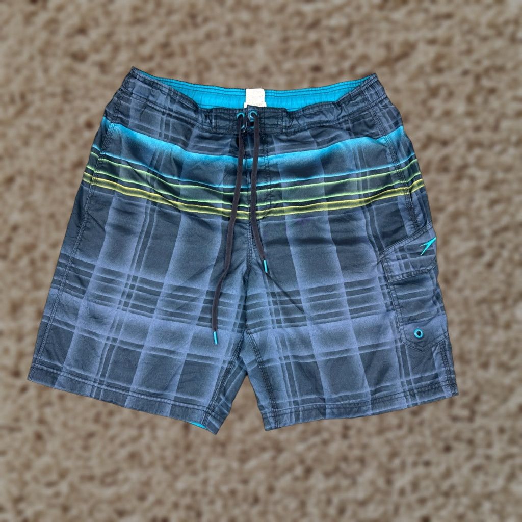 Speedo Speedo Swim Trunks Mens Large Blue Plaid Board Shorts 100% Polyester Cargo Size US 31 - 1 Thumbnail