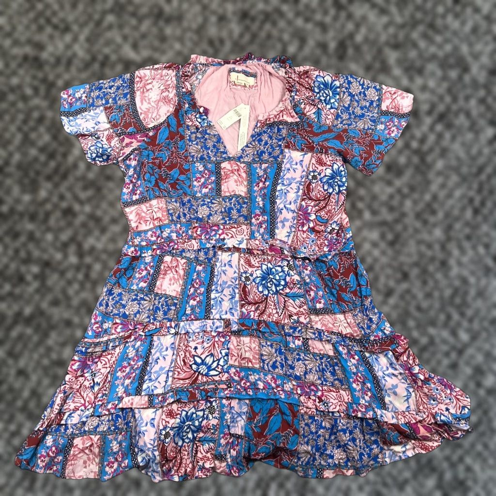 Anthropologie Anthropologie Women's Casual A-Line Dress 2X Short Sleeve Paisley Blue Pink Multicolor Size 40" / US 18 - 1 Thumbnail