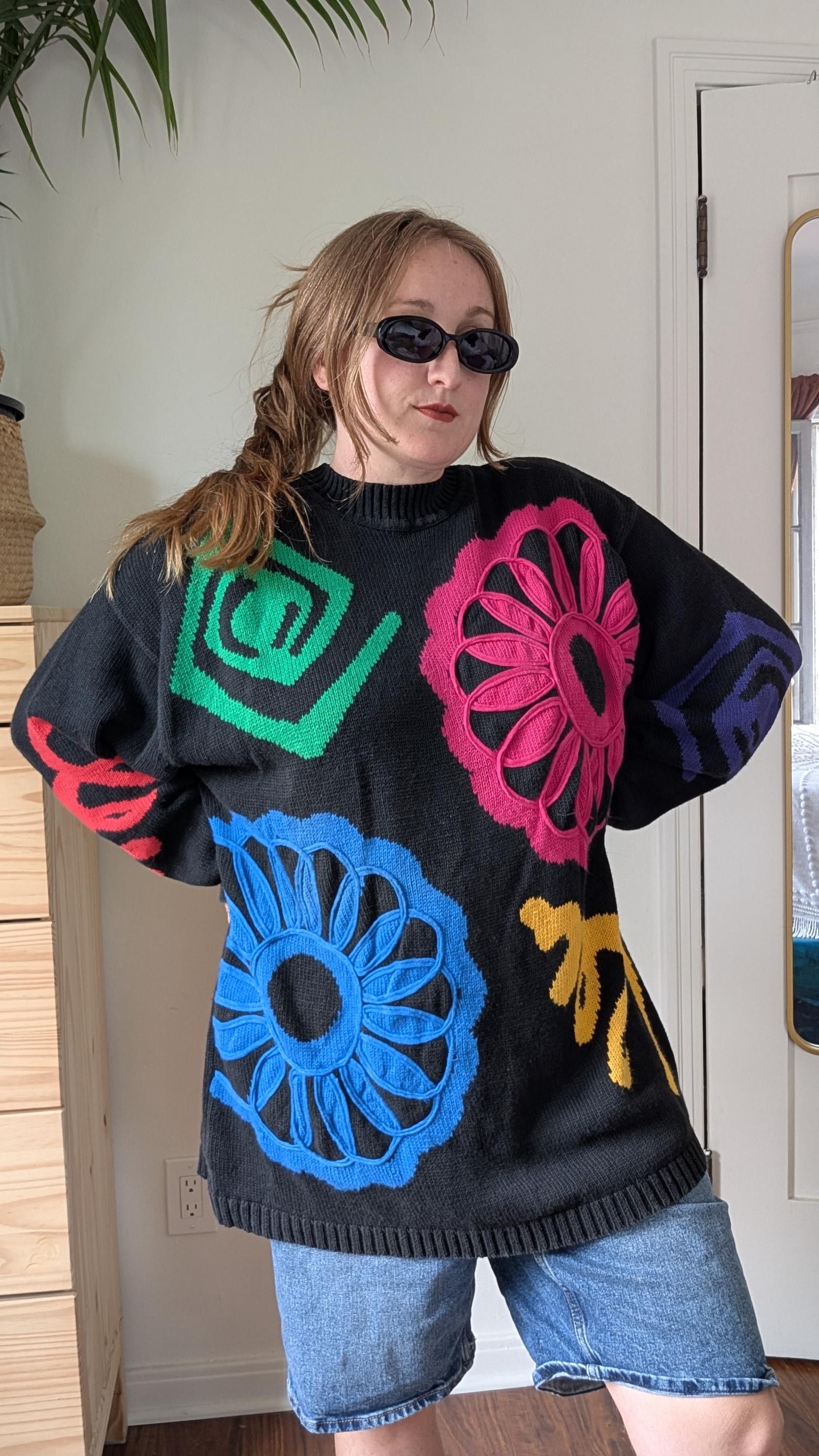 Vintage 80s/90s Black Funky Flower Knit Sweater
