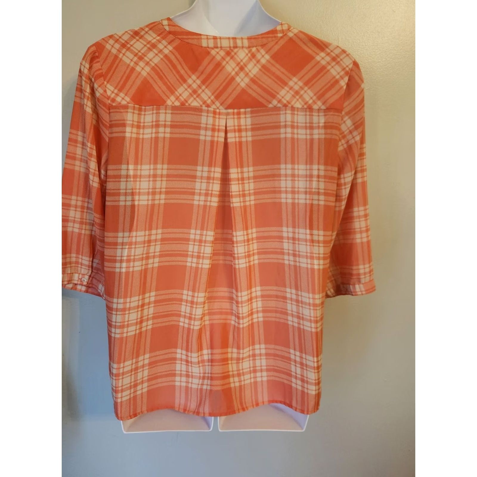 Vintage Serengeti Plaid Orange White Pleated Western Semi Sheer Top Boho 1X Women Blouse Pocketless? Size XL / US 12-14 / IT 48-50 - 6 Thumbnail