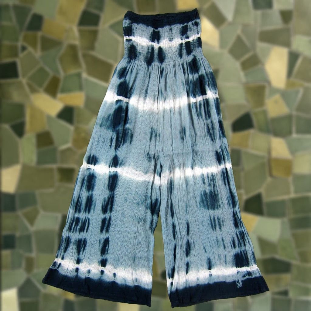 Vintage Swimsuits For All Rayon Blue White Tie Dye Strapless Wide Leg Jumpsuit 10/12 Size 32" / US 10 / IT 46 - 1 Thumbnail