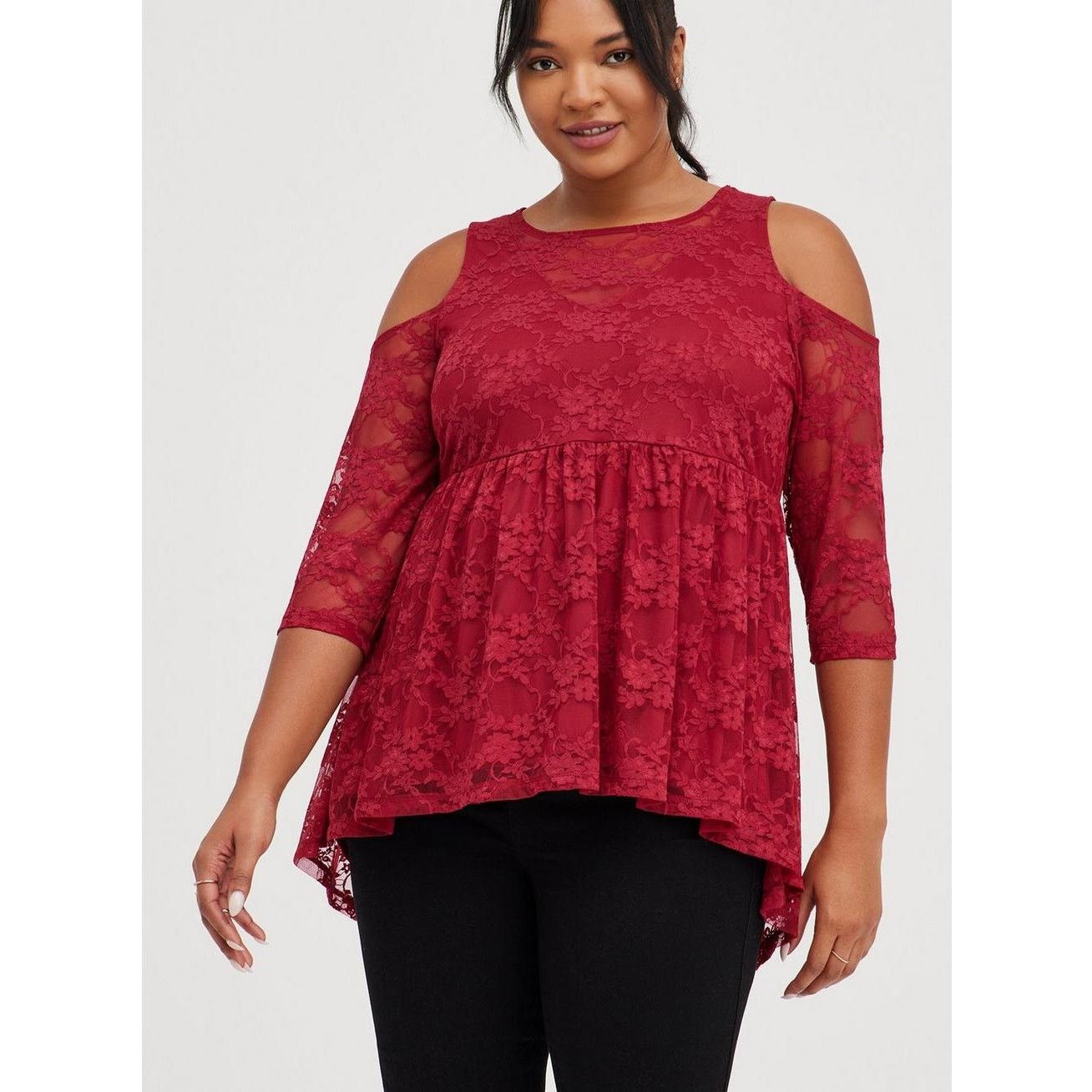 Other Torrid Lace Cold Shoulder Top Red Illusion Neck Sleeves 2X Size XXL / US 16-18 / IT 52-54 - 7 Thumbnail