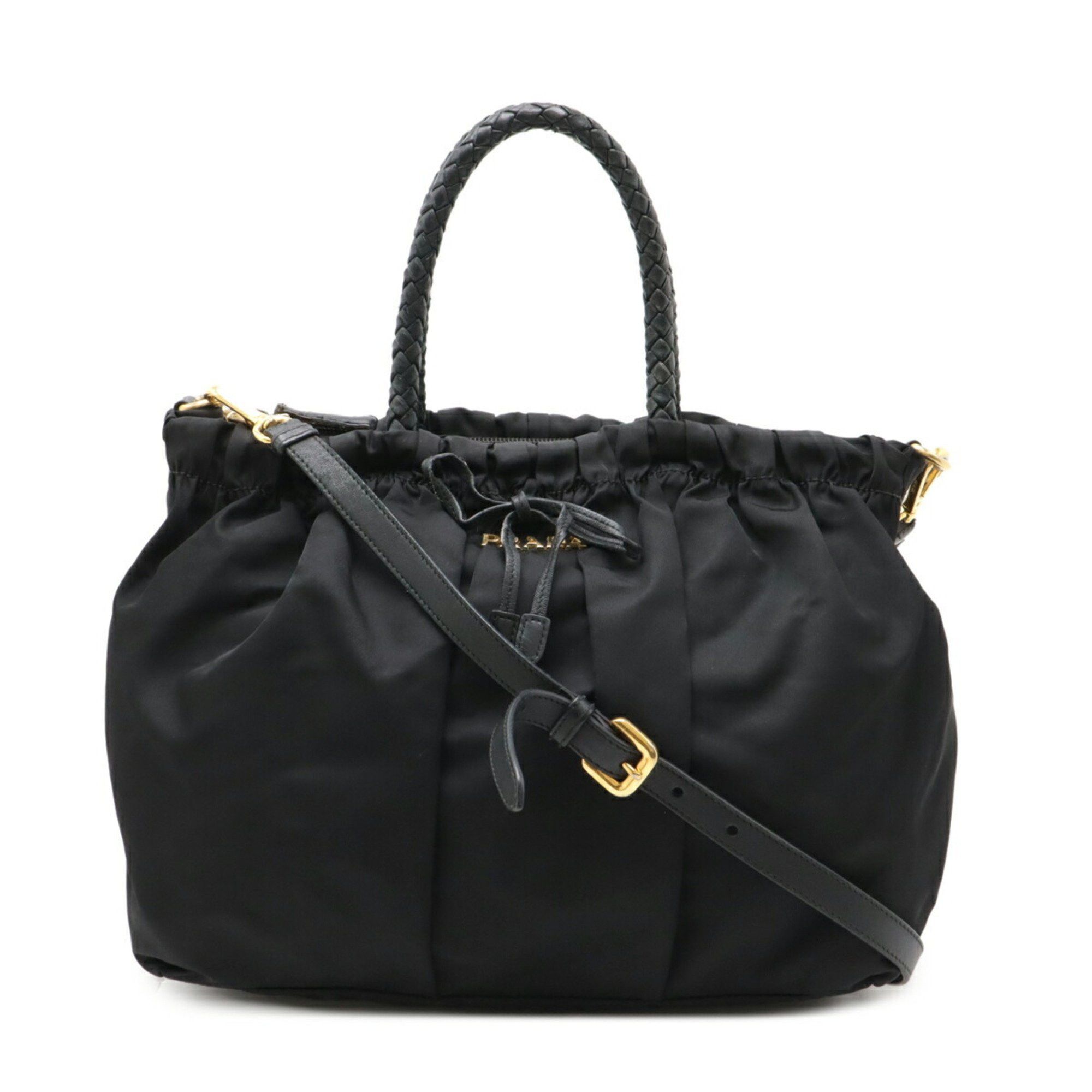 Prada Gathered Ribbon Tote Bag Handbag Handle Shoulder Nylon Leather Nero Black Bn1970, Women's