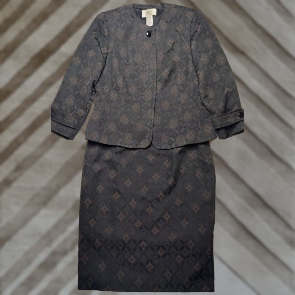 Vintage Sunny Choi Women Skirt Suit 2-Piece Brown Black Geo Pattern Size 10 Career Set Sh Size 32" / US 10 / IT 46 - 1 Thumbnail
