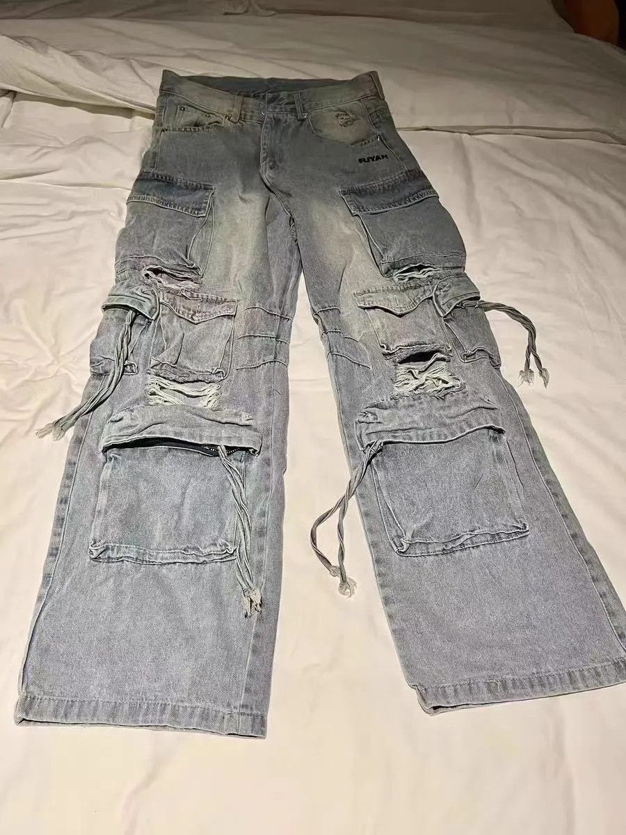 Washed cargo multi pocket ripped jeans