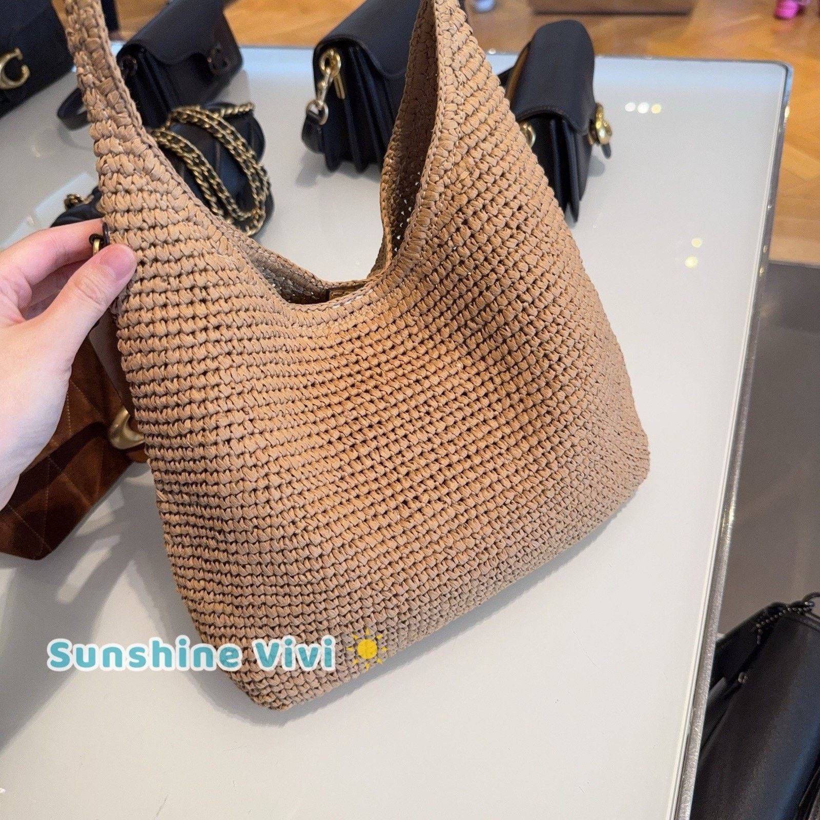 Coach NWT COACH Brooklyn 28 Straw Shoulder Bag CDU75 Brass/Natural Size ONE SIZE - 3 Thumbnail