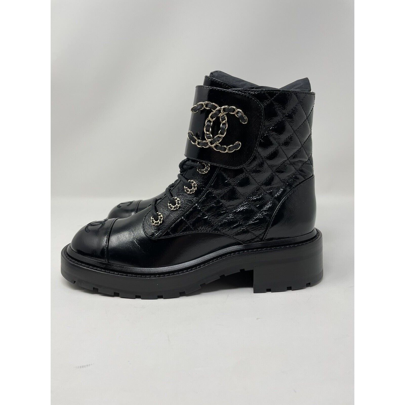 Chanel Chanel Brave Leather Quilted Combat Boots Patent Black 37.5 Size US 7.5 / IT 37.5 - 1 Thumbnail