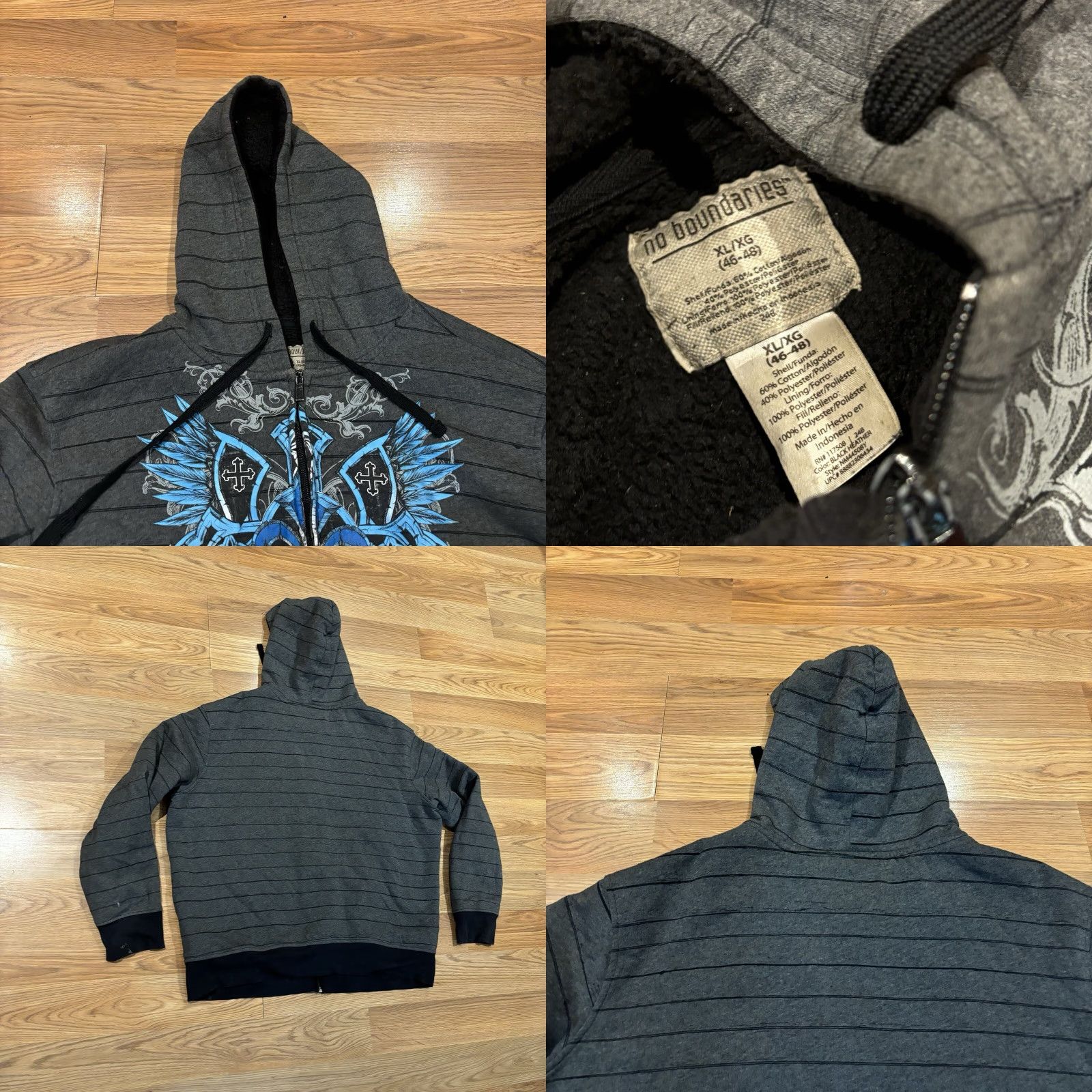 Vintage VINTAGE No Boundaries AOP Cross Hoodie Y2K Sherpa Mall Goth Grunge Affliction Size XL Gray Mens Regular Full Zip Hooded Logo Print""" Size US XL / EU 56 / 4 - 8 Thumbnail