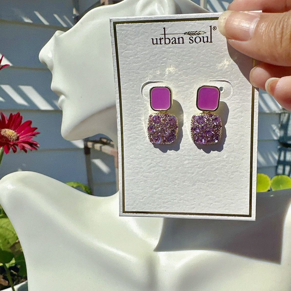 Designer Urban soul earrings gold tone pink purple square studs Size ONE SIZE - 1 Thumbnail