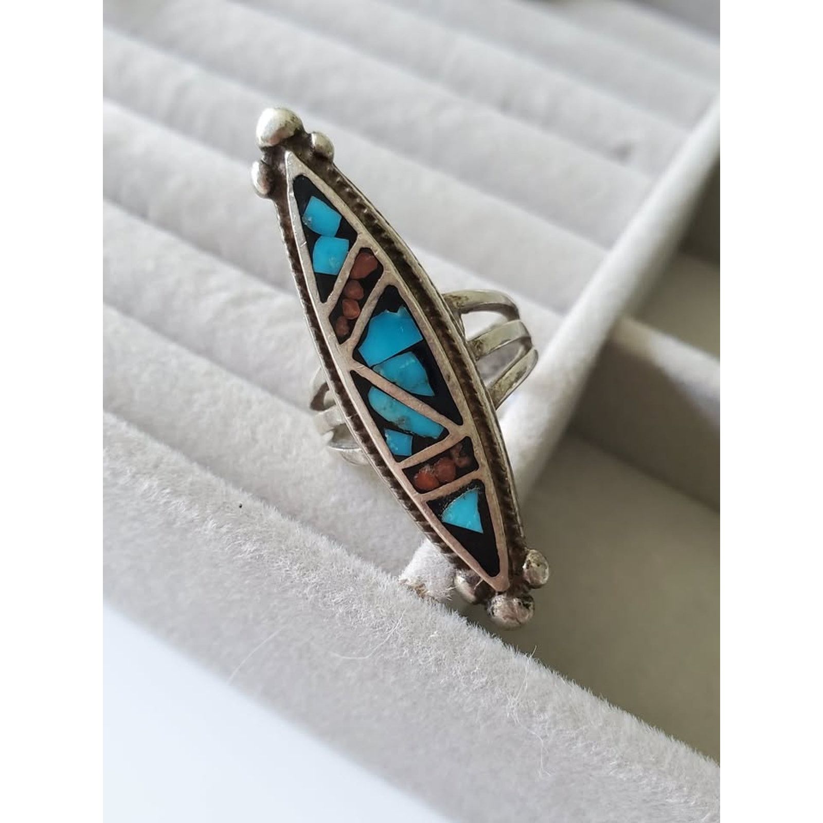 Other Vintage Navajo Sterling Silver Crushed Turquoise Coral Ring Size ONE SIZE - 1 Thumbnail