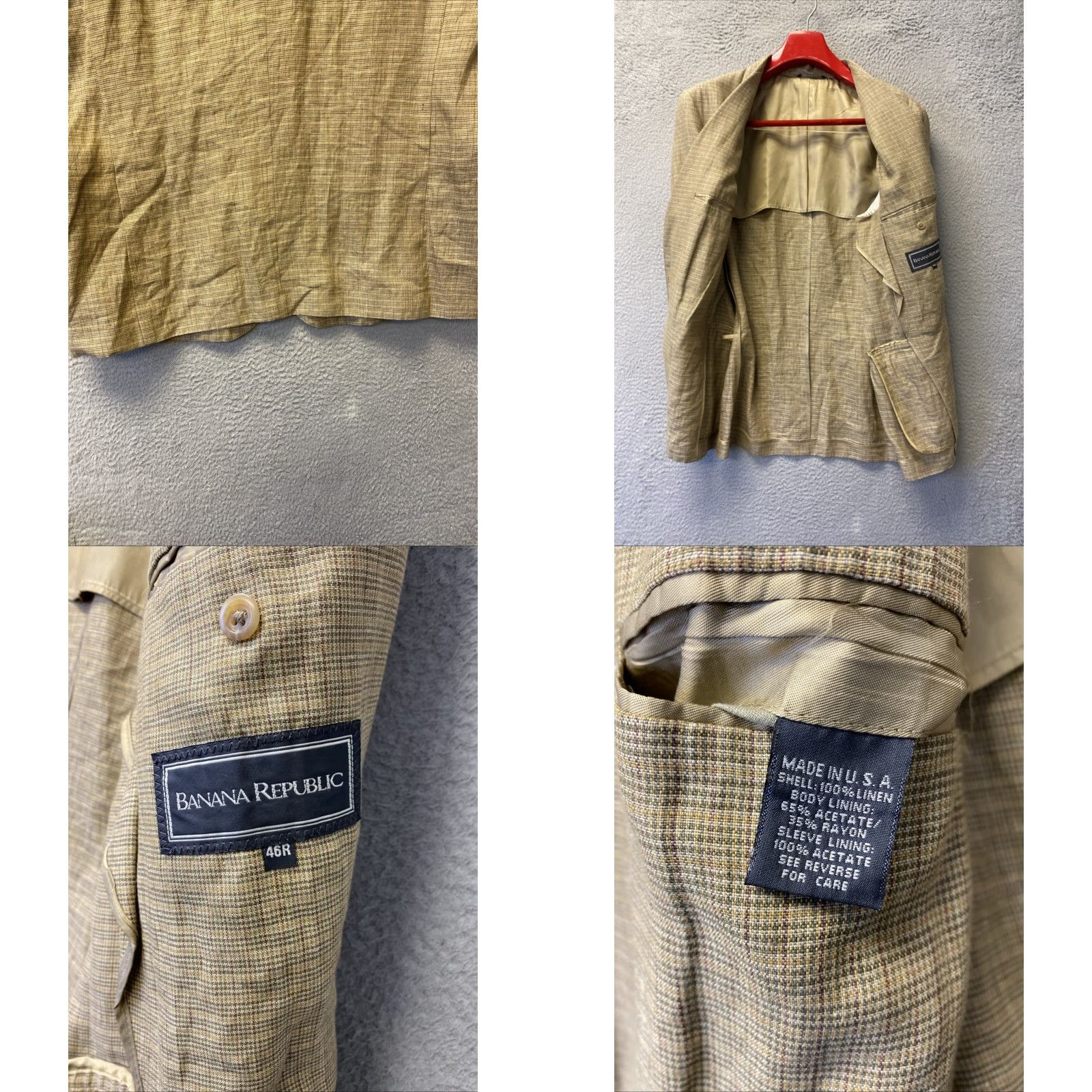 Banana Republic Banana Republic Khaki Linen Blazer Jacket Men’s 46R Plaid /0176 Blazer Casual Spring Notch Lapel 46 Mens Size 46R - 9 Thumbnail