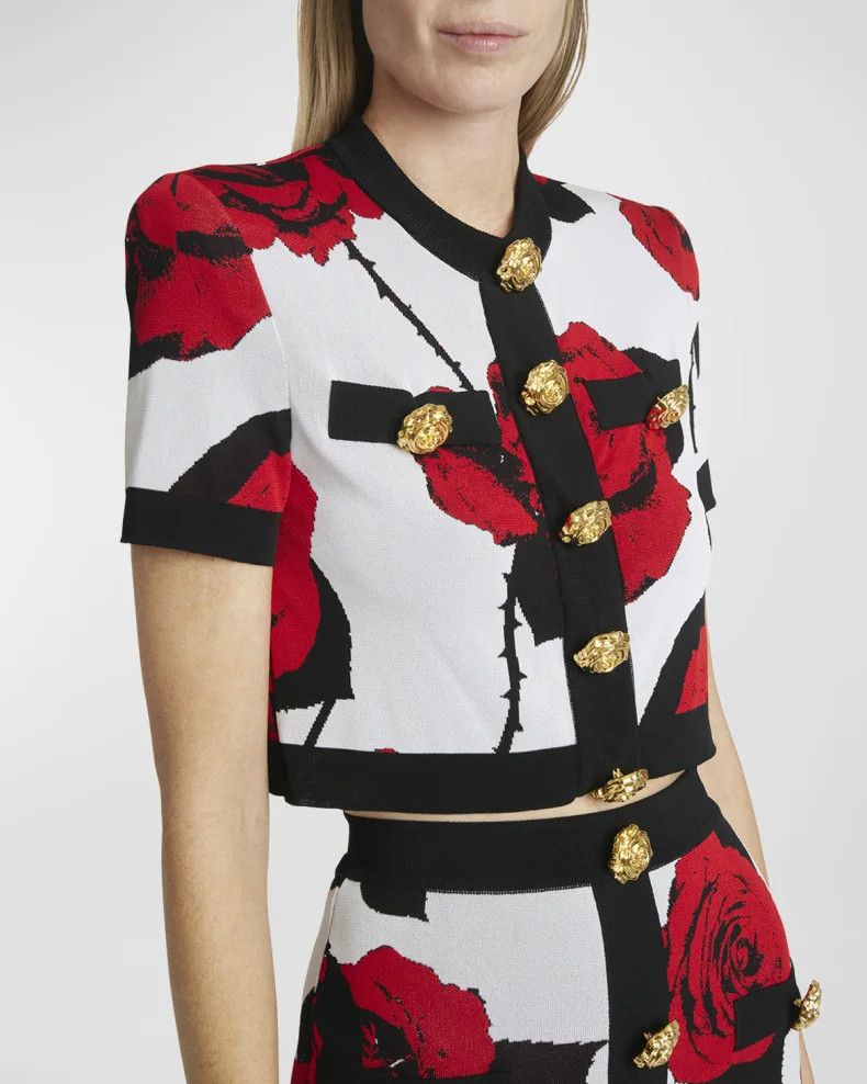 Balmain o1s1wg110825 Floral Jacquard Cropped Cardigan in Multicolor Size S / US 4 / IT 40 - 7 Thumbnail