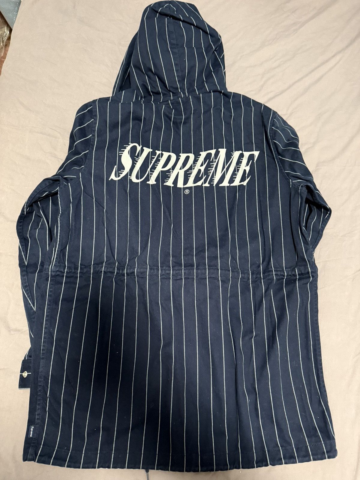 Supreme SUPREME 13AW Pinstripe Twill Parka Hoodie Jacket Navy Size US S / EU 44-46 / 1 - 2 Thumbnail
