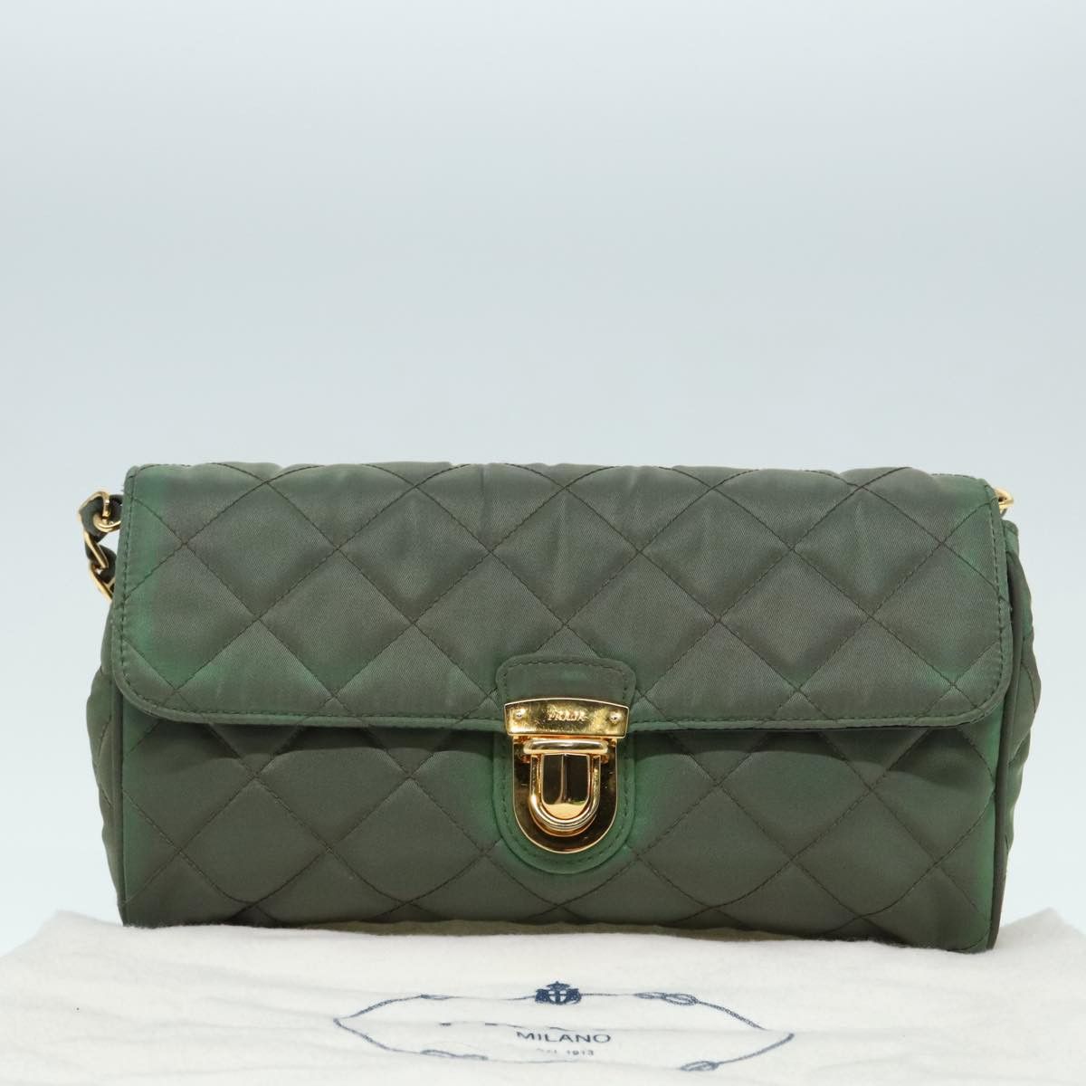 Prada PRADA Chain Quilted Shoulder Bag Nylon Khaki Gold Size ONE SIZE - 12 Thumbnail