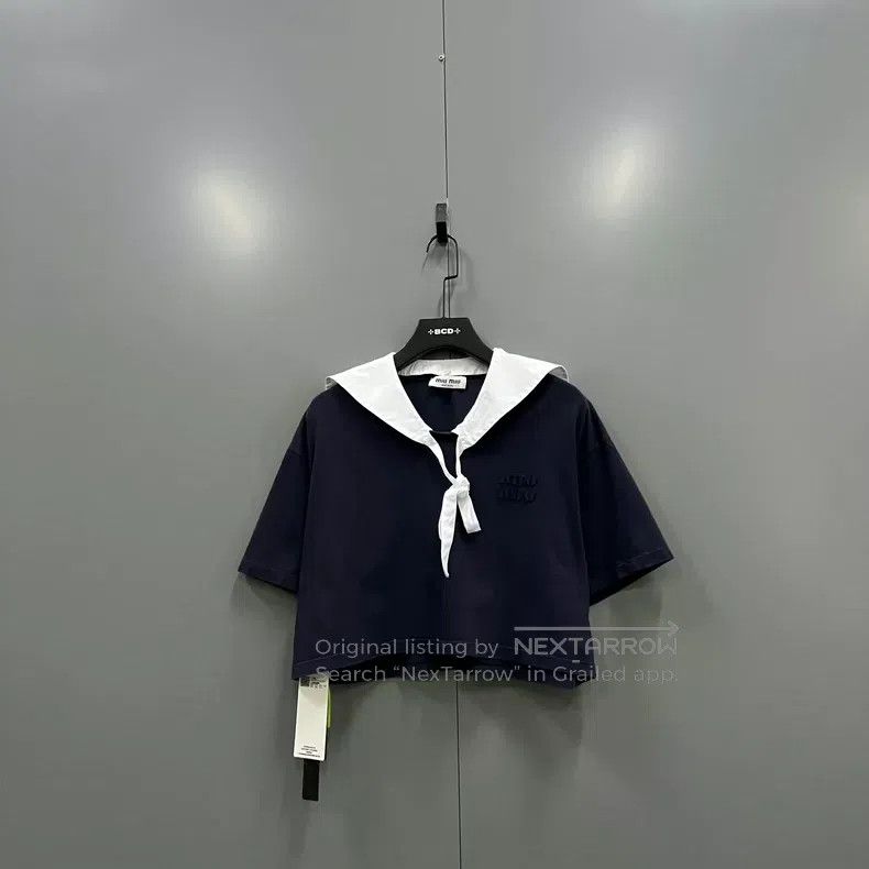 Miu Miu Miu Miu Size S Bow navy collar letter short sleeve Size S / US 4 / IT 40 - 1 Thumbnail