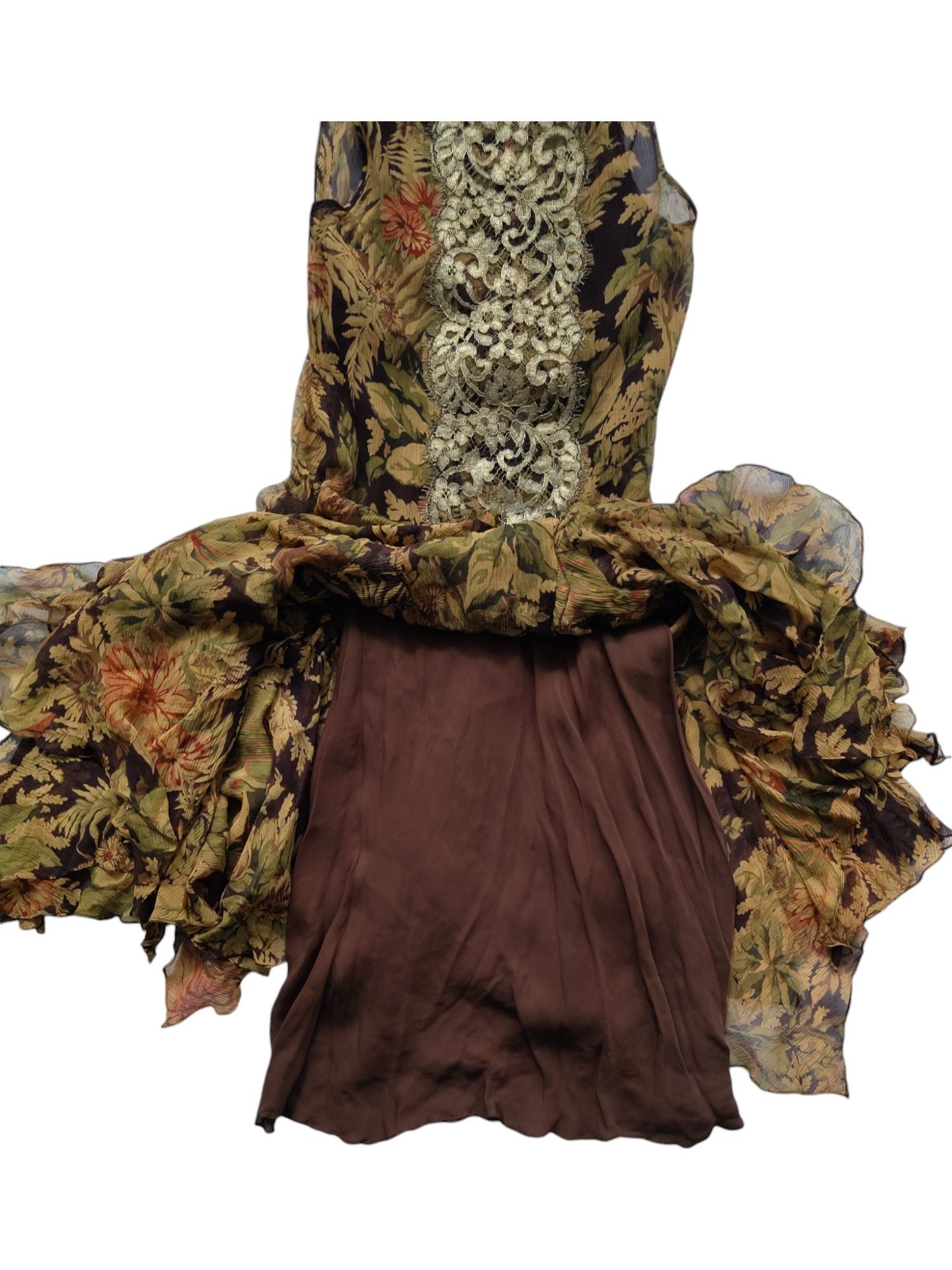 Ralph Lauren Floral Overall Printed Silk Dress With Gold Lace Detail Size XS / US 0-2 / IT 36-38 - 3 Thumbnail