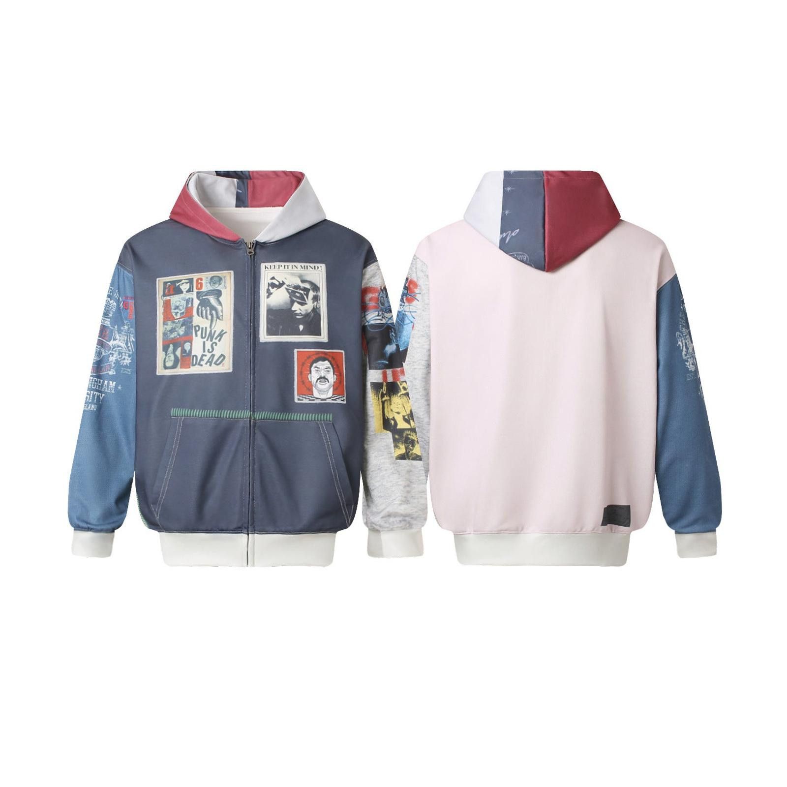 Japanese Brand Blue Multi-Print Zip-Up Hoodie, Casual Streetwear Hoodie Size US M / EU 48-50 / 2 - 5 Thumbnail