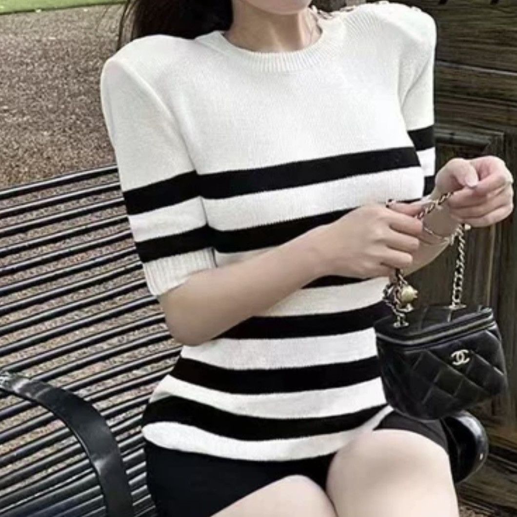 Other French knitted black and white slim fit short sleeved shirt Size M / US 6-8 / IT 42-44 - 3 Thumbnail