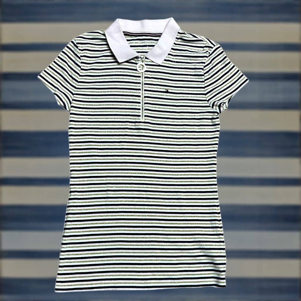 Tommy Hilfiger Tommy Hilfiger Half Zip Polo Shirt Blue White Gold Stripe Women's M Multicolor Cap Sleeve Casual Travel Polo Shirt Y2K Colorful Regular Men? Women? Size M / US 6-8 / IT 42-44 - 1 Thumbnail